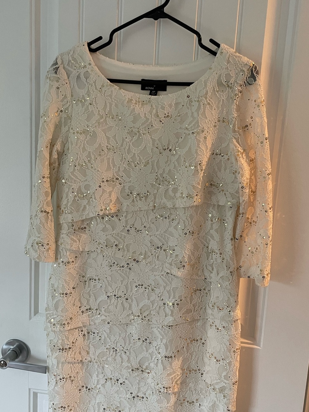 Ronni Nicole Cream Lace Sequin Long Sleeve Sheath Dress